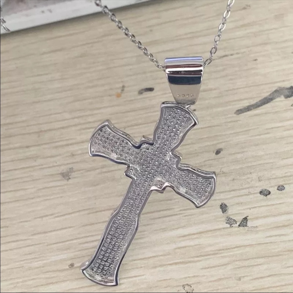 New Luxury 925 Silver Cross Men Women Diamond Necklace - Picture 15 of 16
